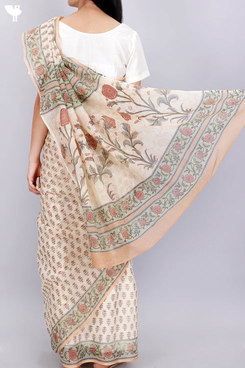 Kota Doria Saree In Floral Block Print